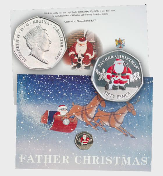 2019 Gibraltar Diamond Finish Father Christmas Coloured 50p Coin In Card