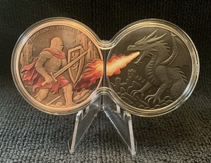 1 X 2 oz .999 Fine Copper “KNIGHT v DRAGON” Colorized/Antiqued Rounds