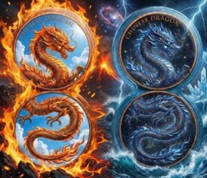 Duality Set 2 x 1 oz Chinese Dragon Day & Night High Relief Color Copper Medals